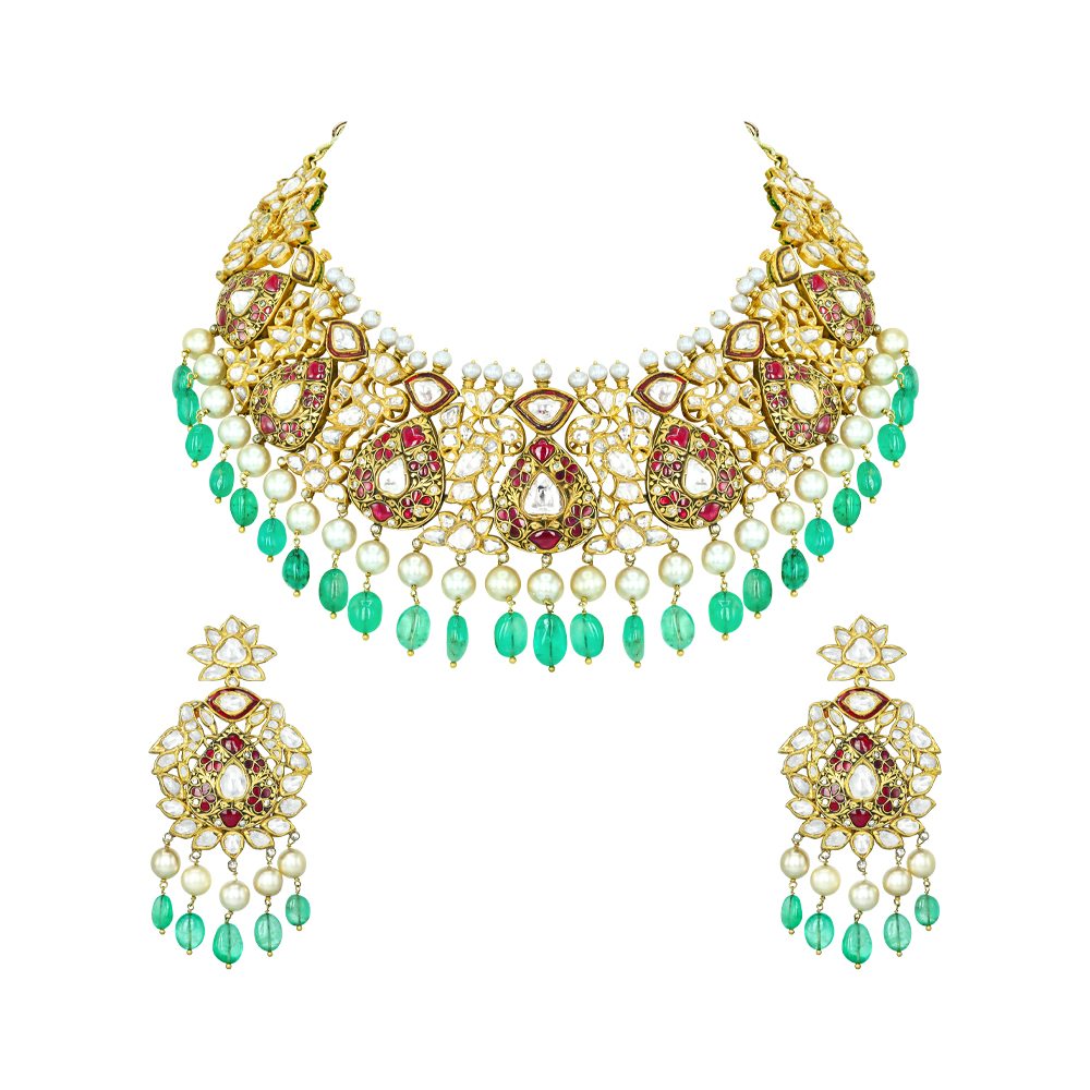 Polki Necklace Set with Red Stones, Emerald Beads, and Pearls